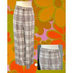 Vintage 70s Rust Dark Brown on Ivory Flared Wide Leg High Waist Trousers 24/30